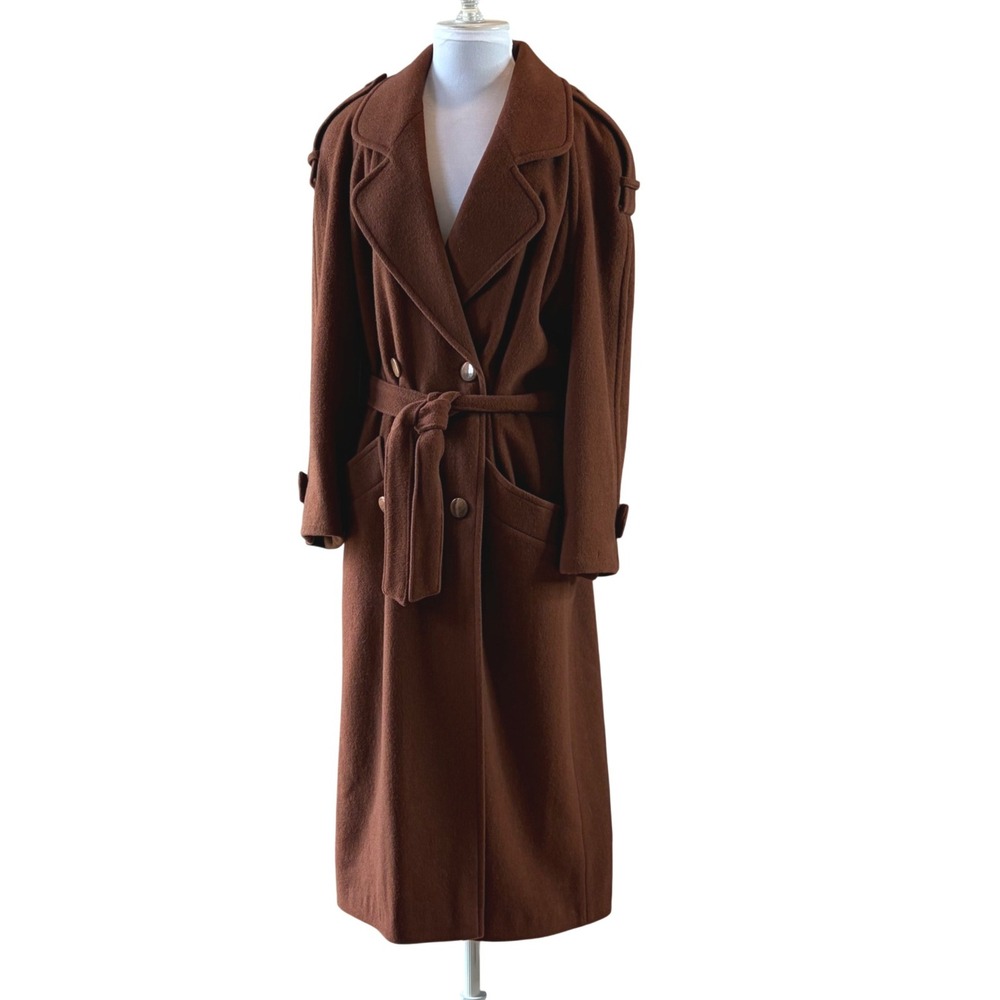 Vintage Brown Wool Trench Coat Double Breasted Belted Longline Dark Academia 12